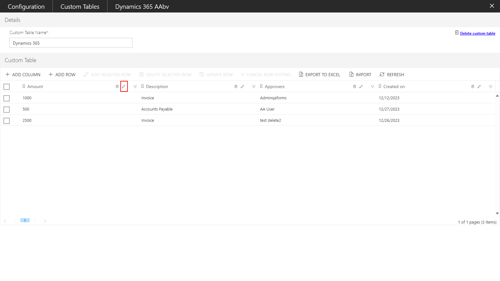 Editing the columns and rows within the Custom Tables