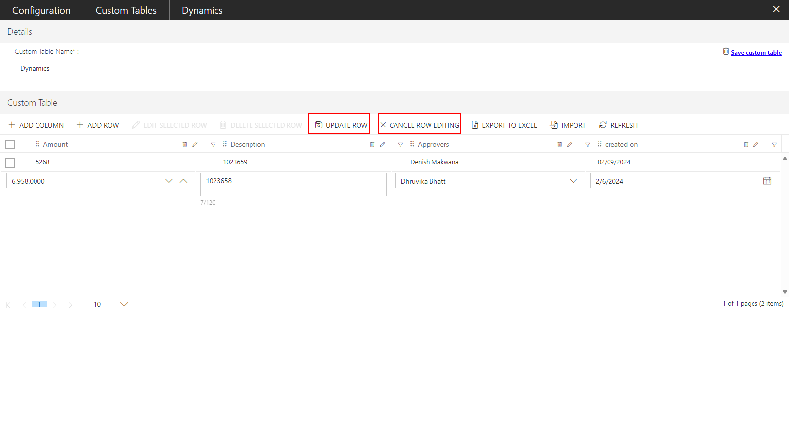Editing the columns and rows within the Custom Tables