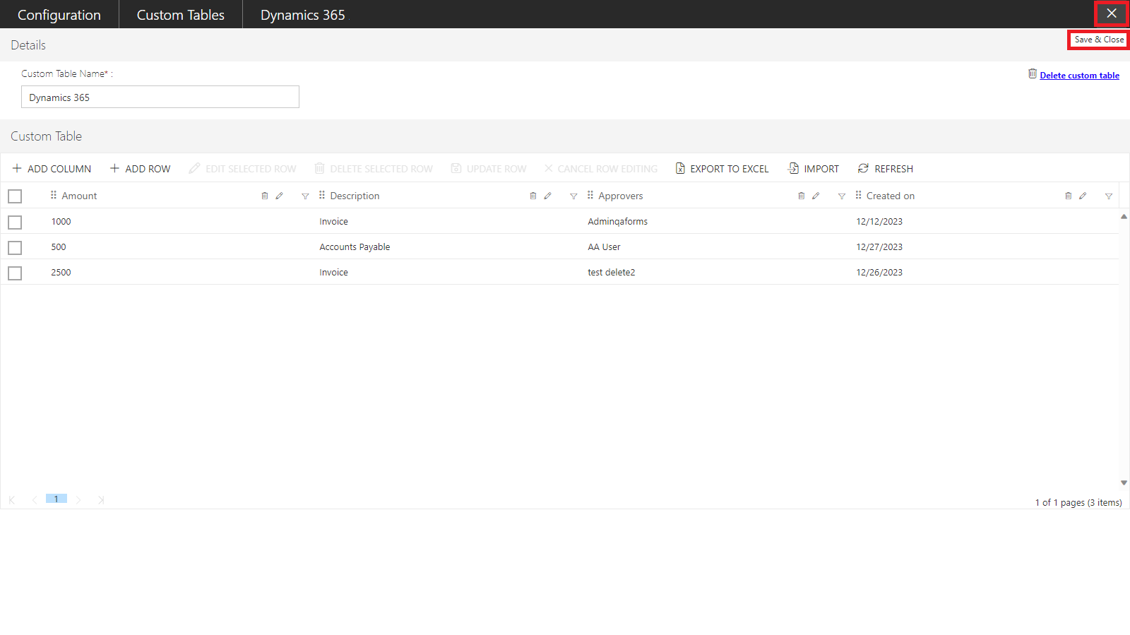 Editing the columns and rows within the Custom Tables