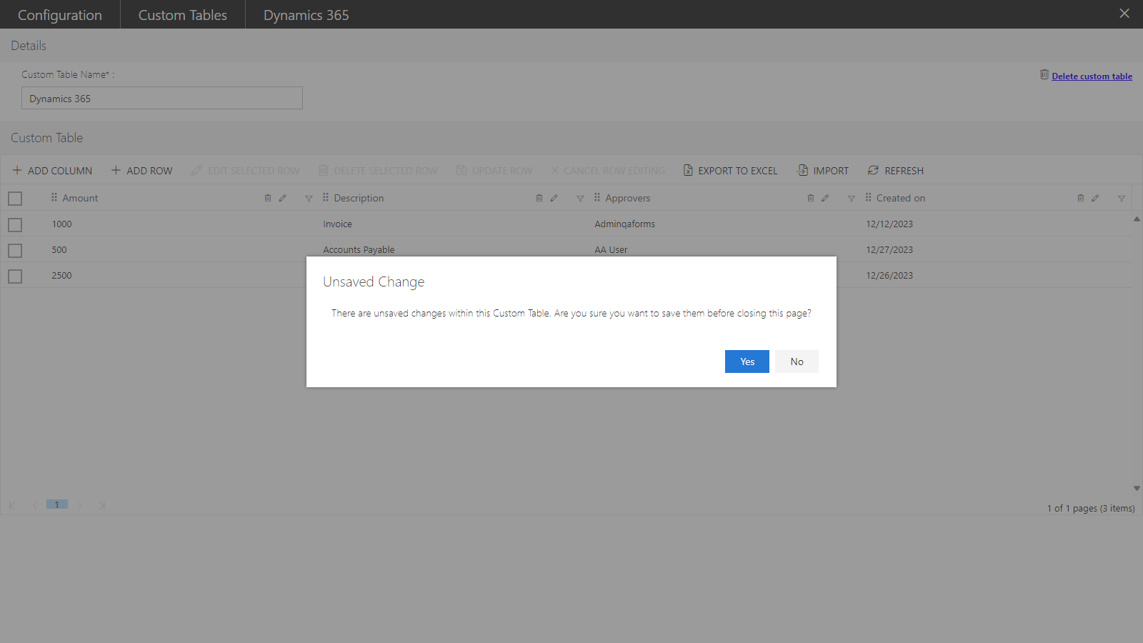 Editing the columns and rows within the Custom Tables