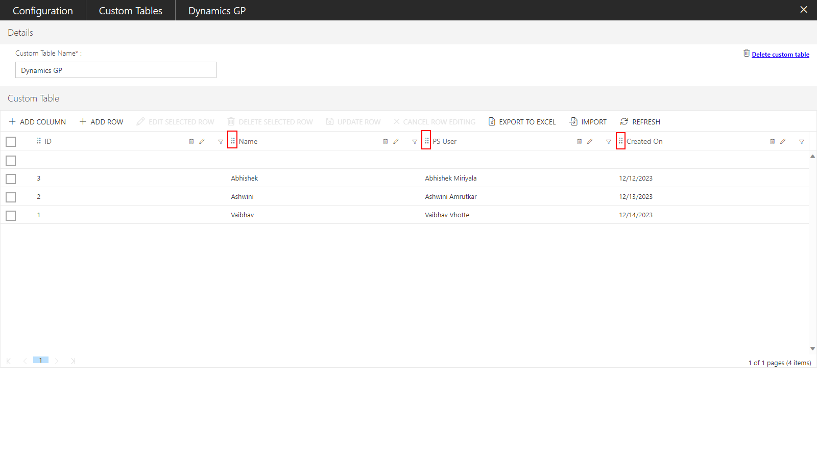 Editing the columns and rows within the Custom Tables