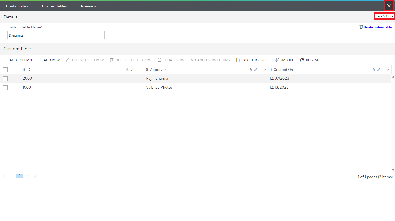 Deleting the columns and rows within the Custom Tables