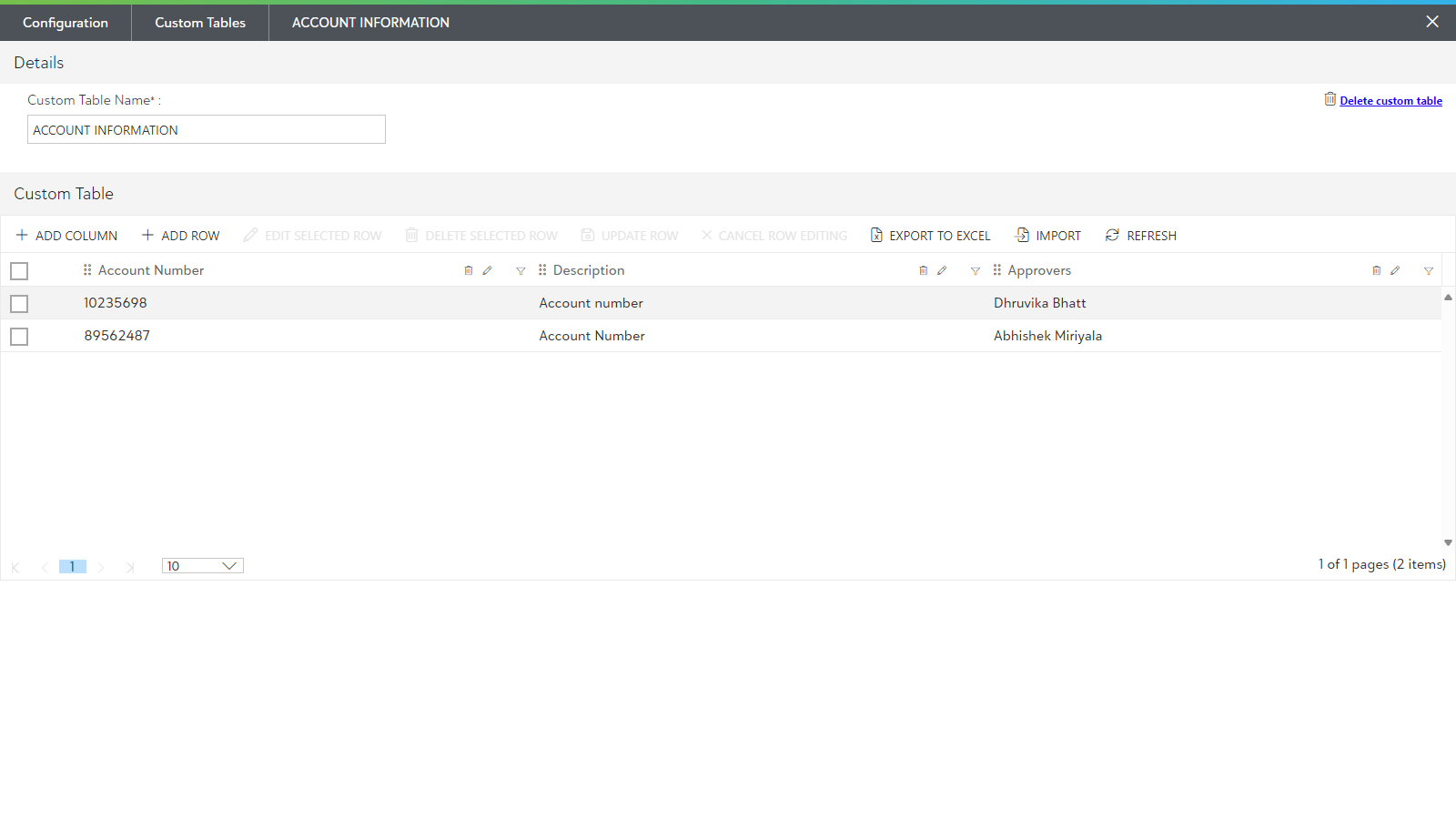 Editing the columns and rows within the Custom Tables