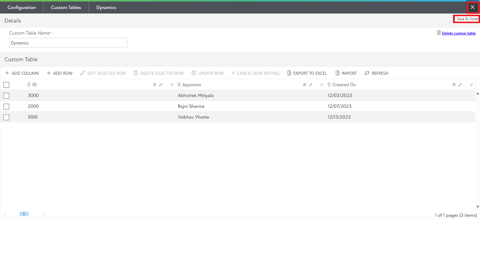 Editing the columns and rows within the Custom Tables