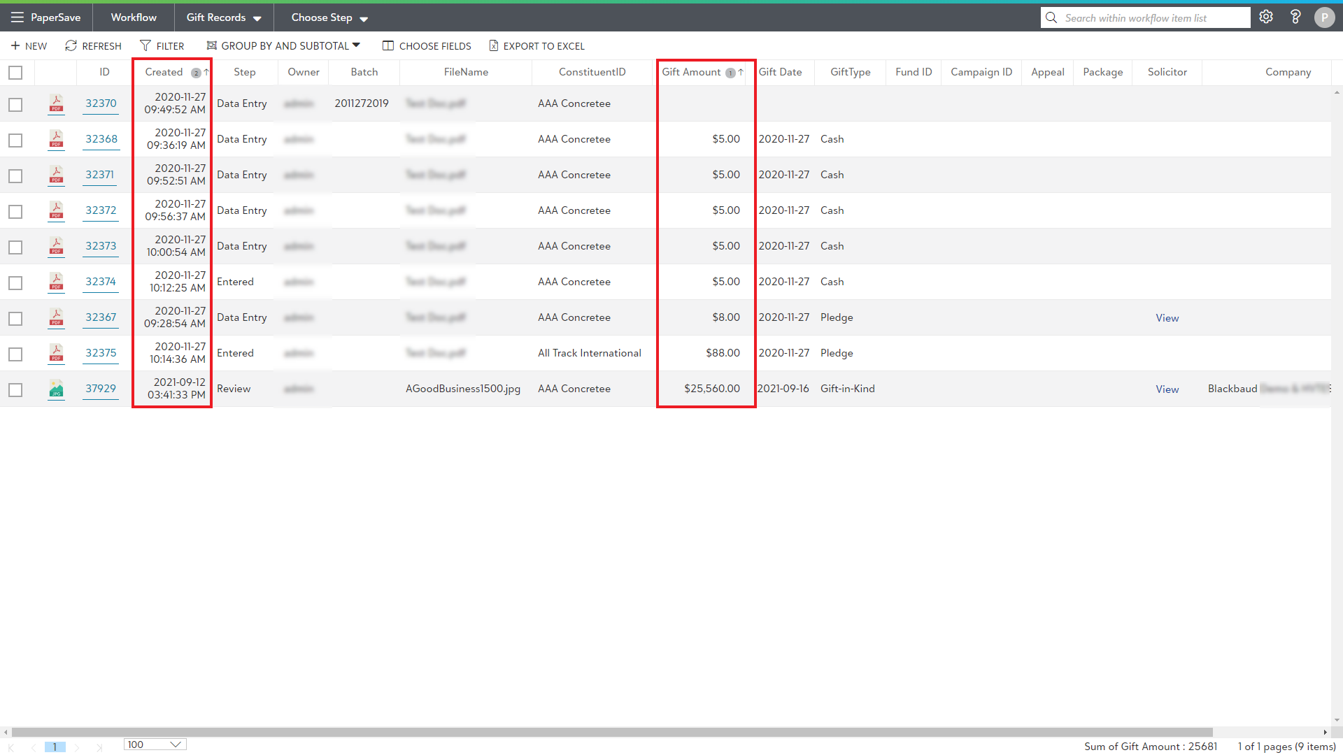 Flow Sort Table Workflow item list