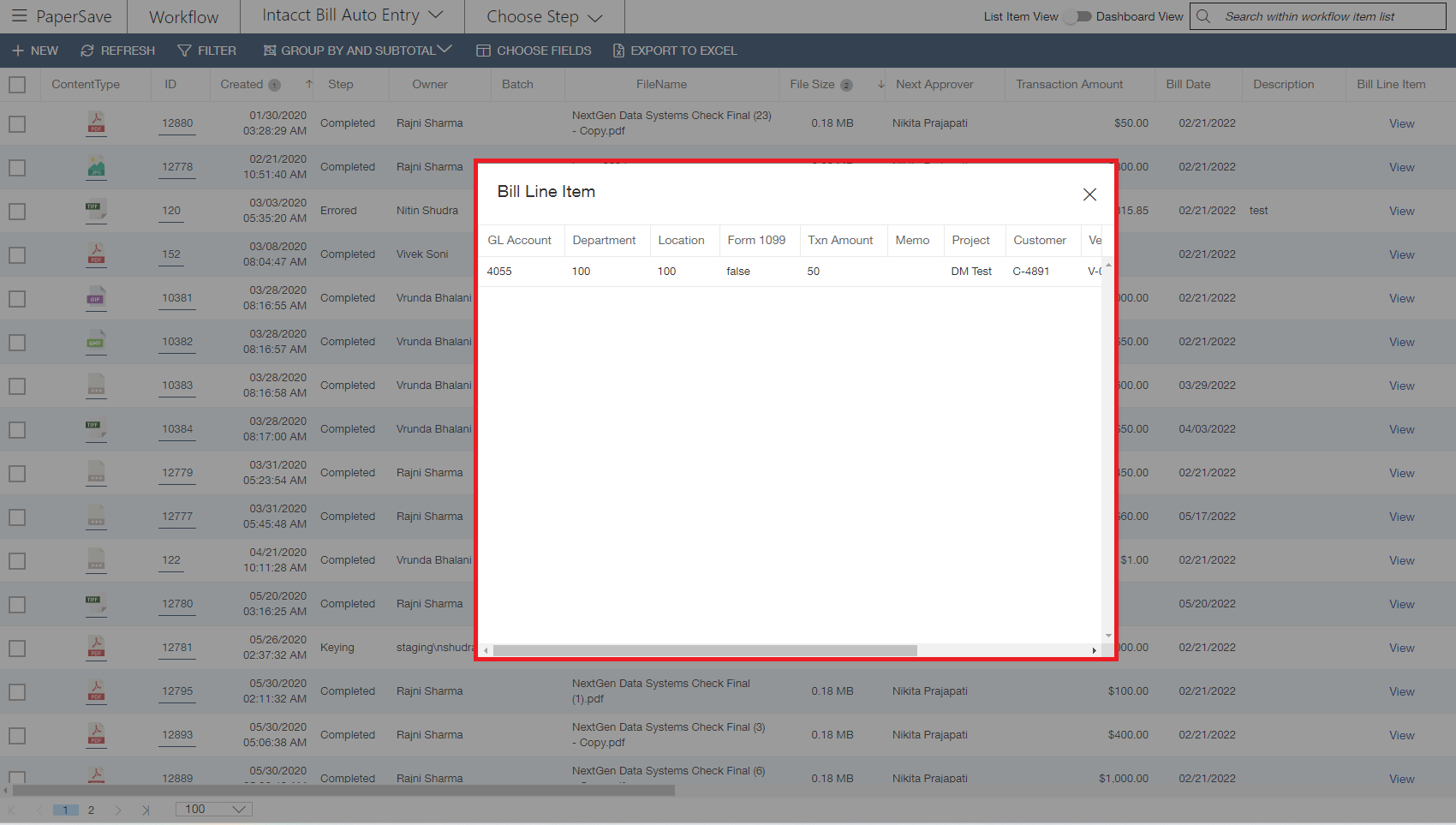 Workflow item list