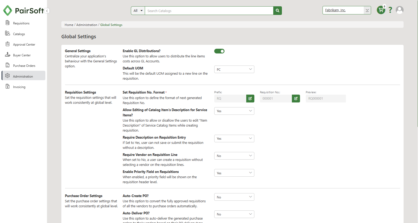 Manage Global Settings page