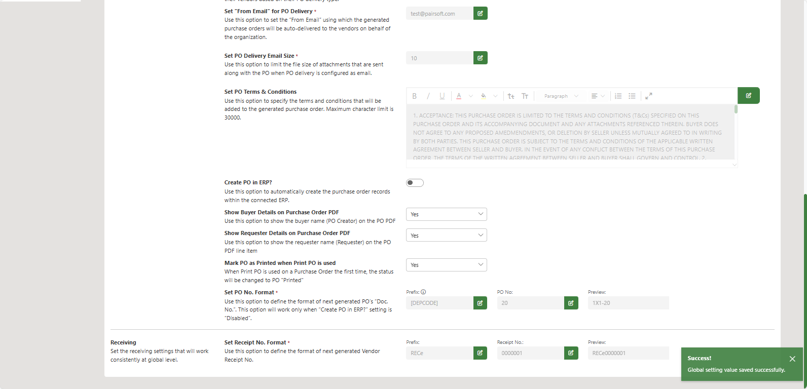 Manage Global Settings page