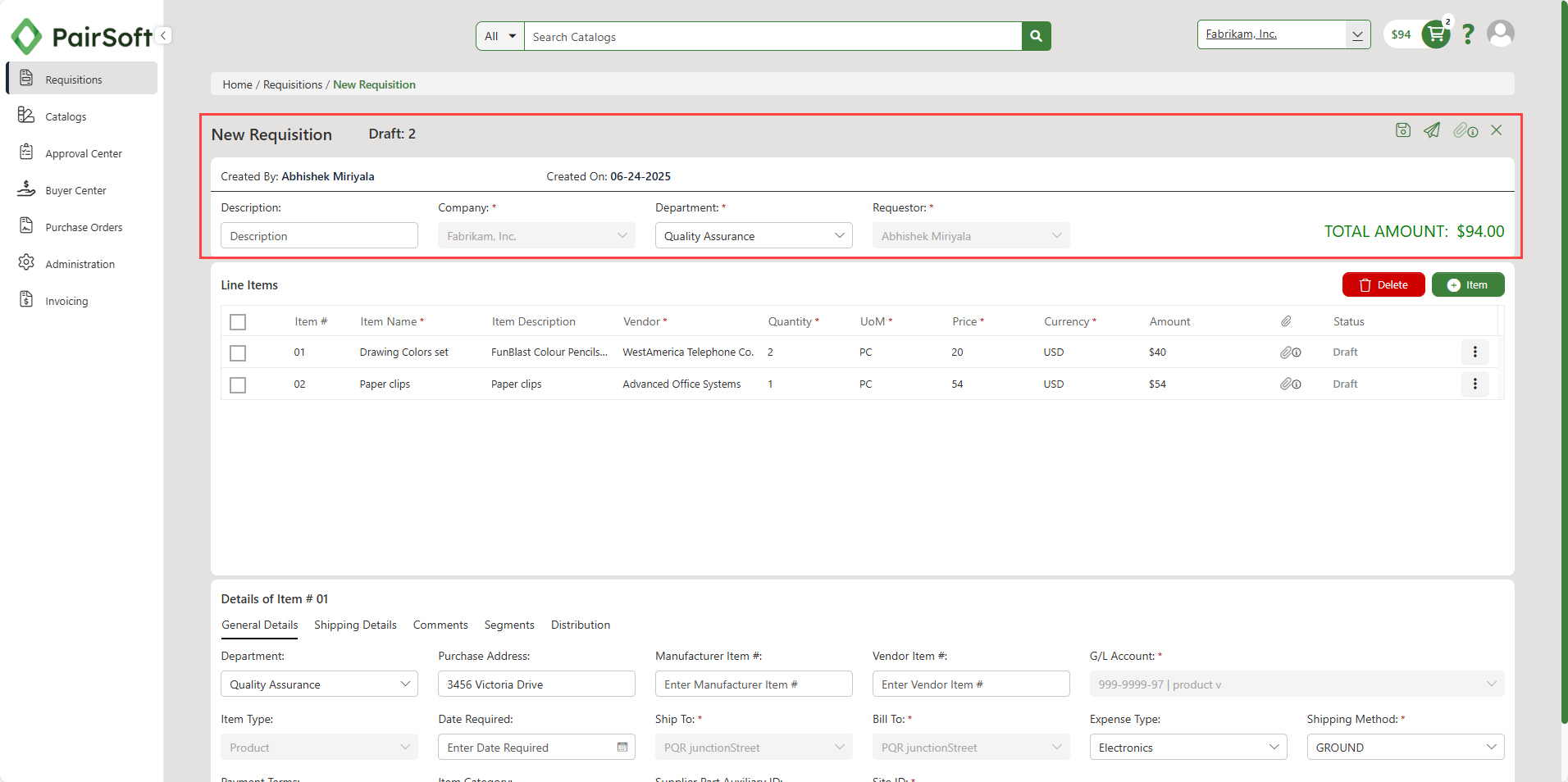 Creating Requisition from Catalogs