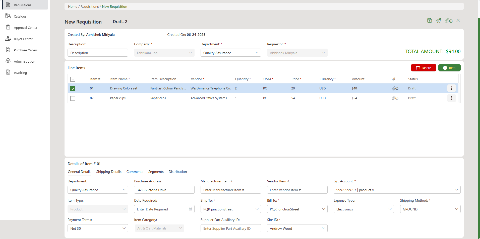 Creating Requisition from Catalogs