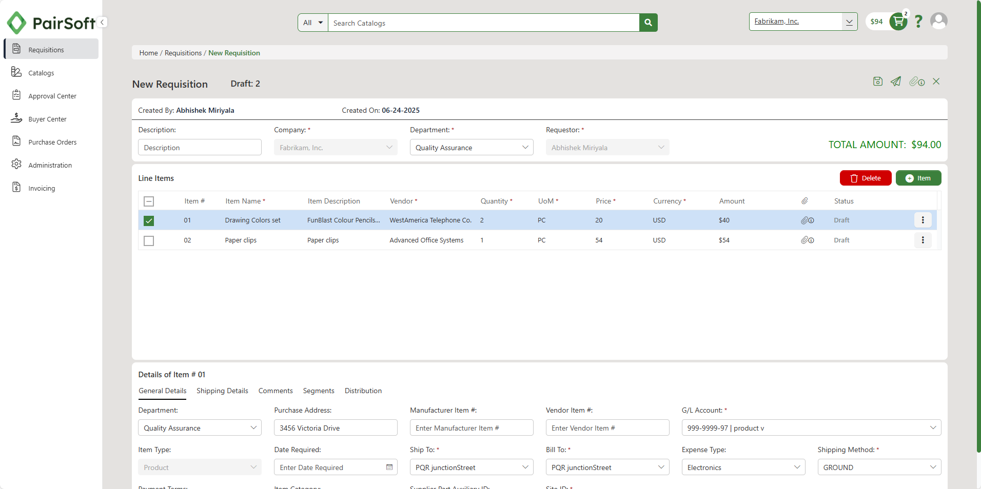 Creating Requisition from Catalogs