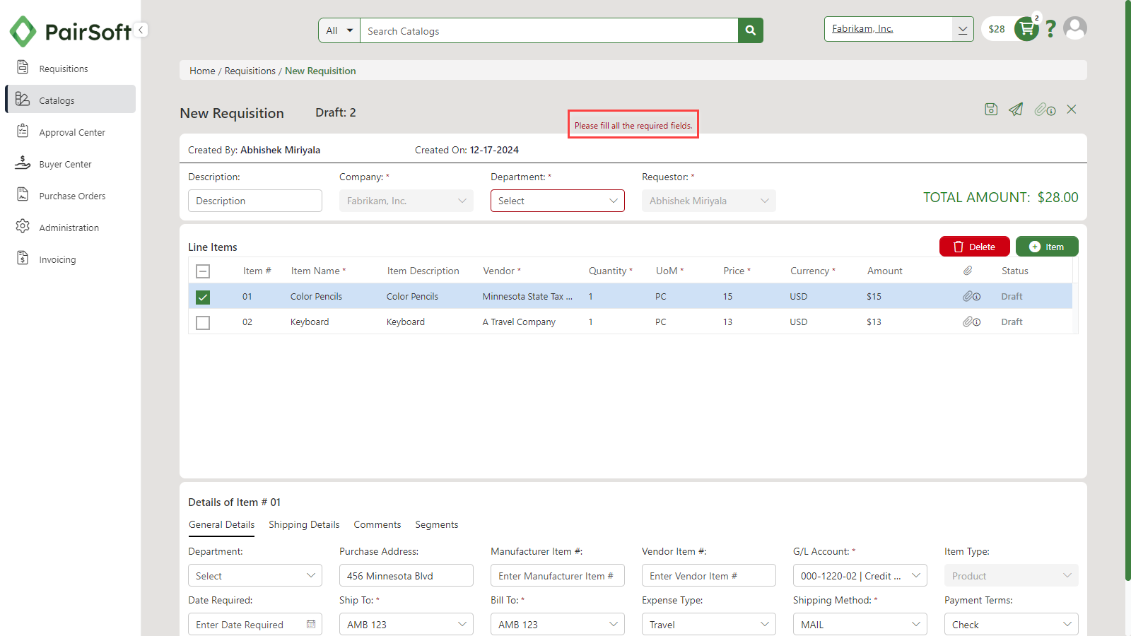 Creating Requisition from Catalogs